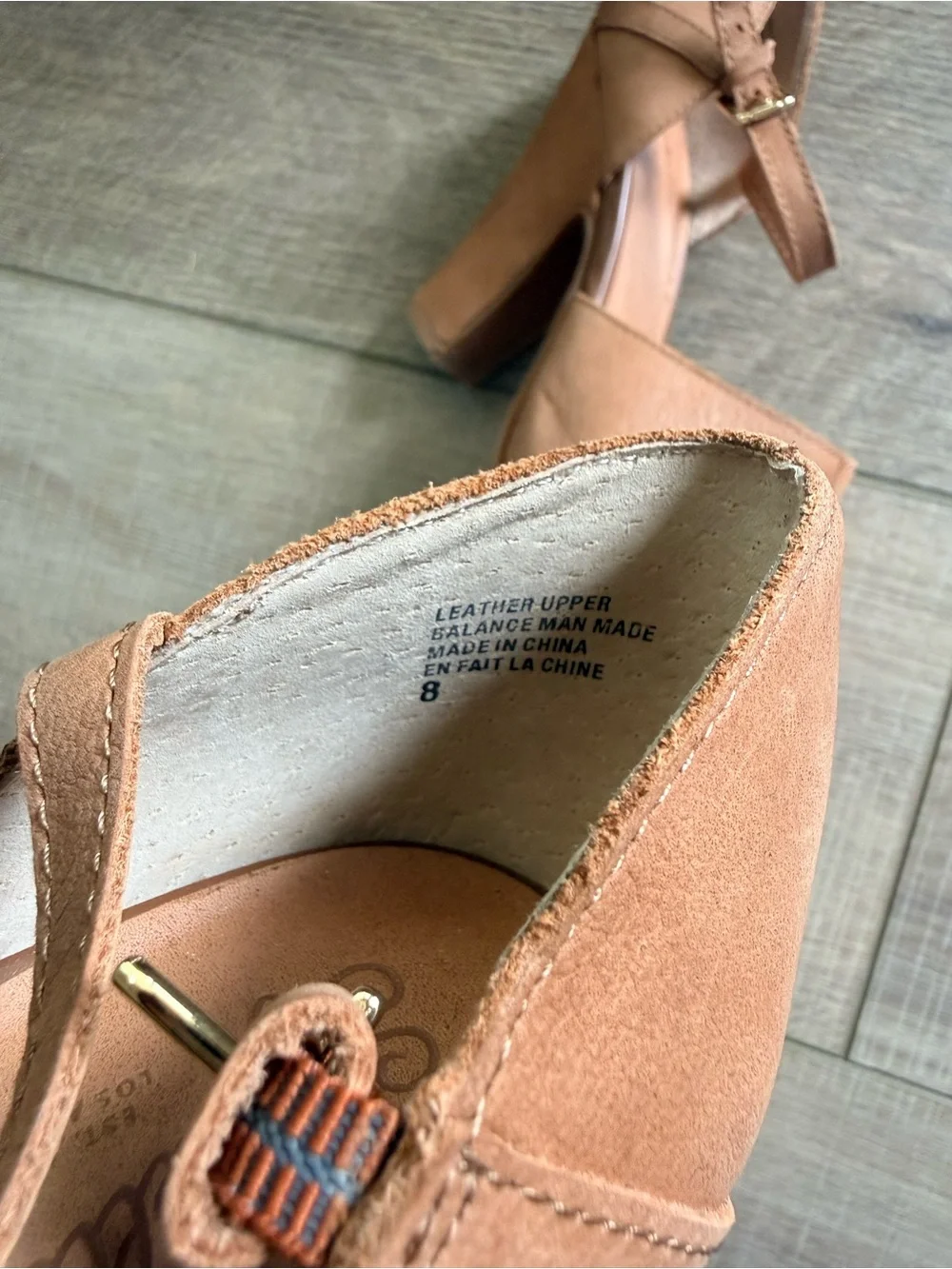 Leather Suede Peep-Toe Ankle Strap Heels in Tan